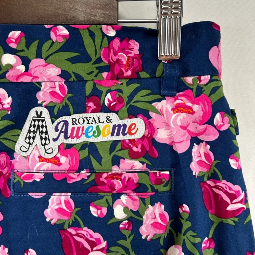 Royal & Awesome Golf Pants Mens 30/30 Navy Pink Peony Floral Print Trousers